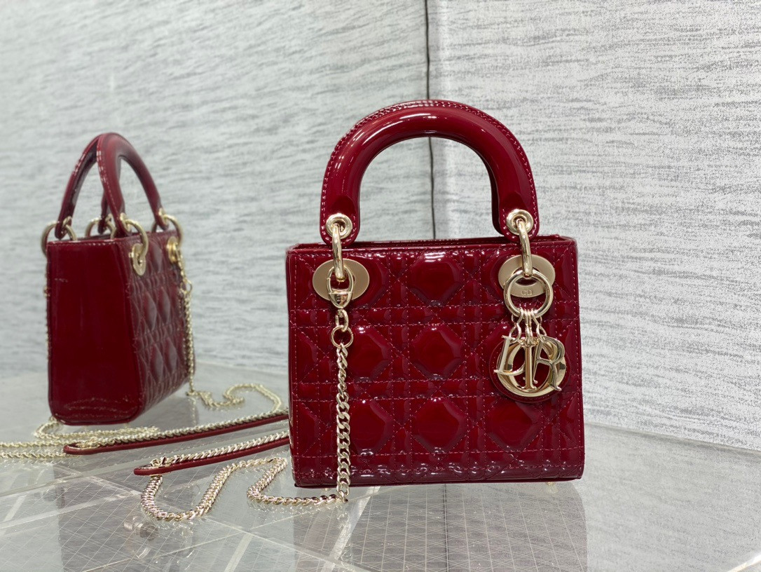 mini lady D*or bag cherry red patent cannage calfskin 6.5 x 6 x 3 inches