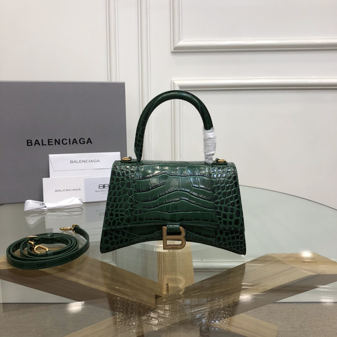 Ba*len*cia*ga women's hourglass small handbag crocodile embossed in green with gold hardware l9 x h5.5 x w3.9 inch