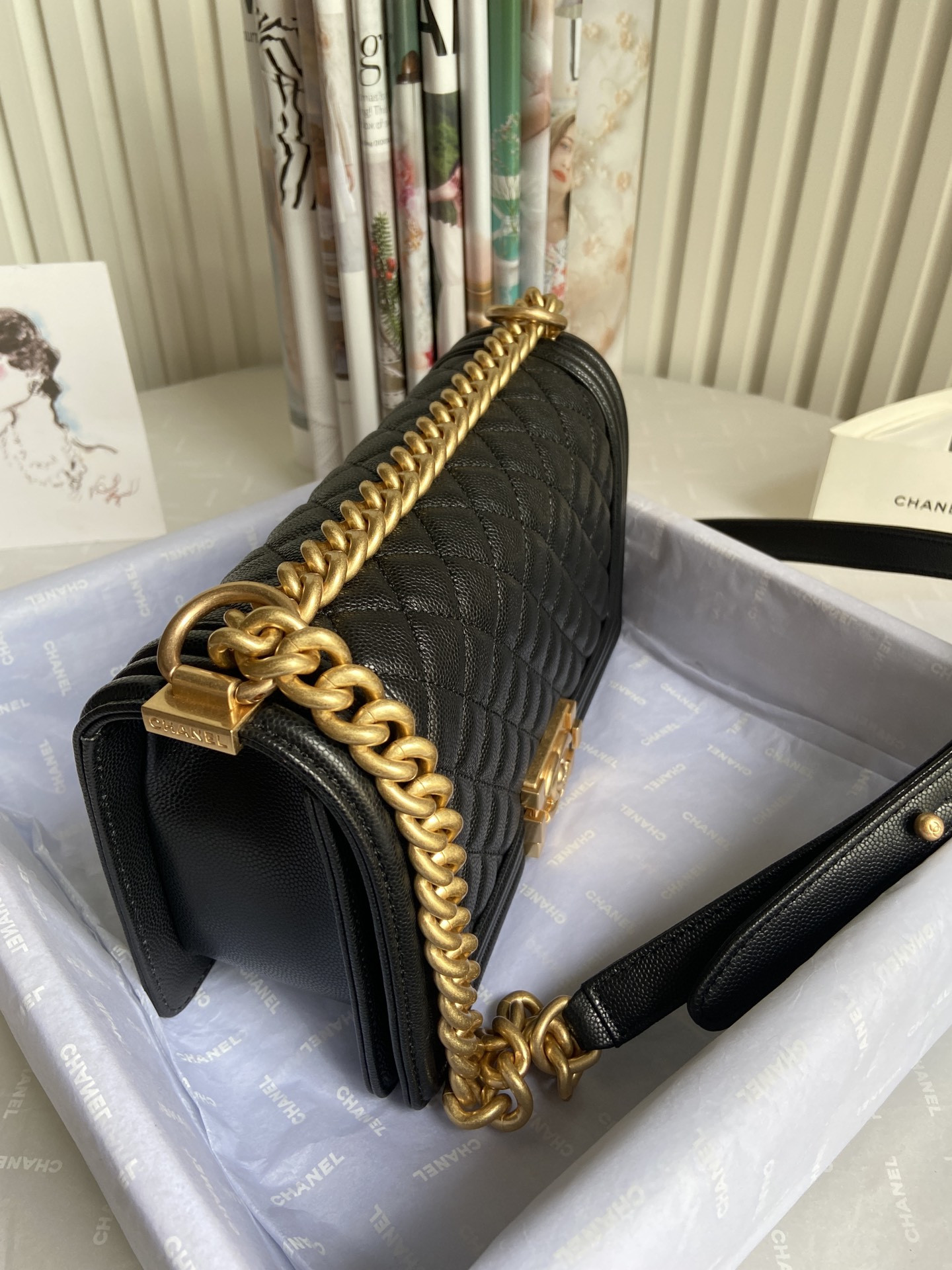 boy Ch*el handbag shiny grained calfskin 5.9 × 9.8 × 3.5 in