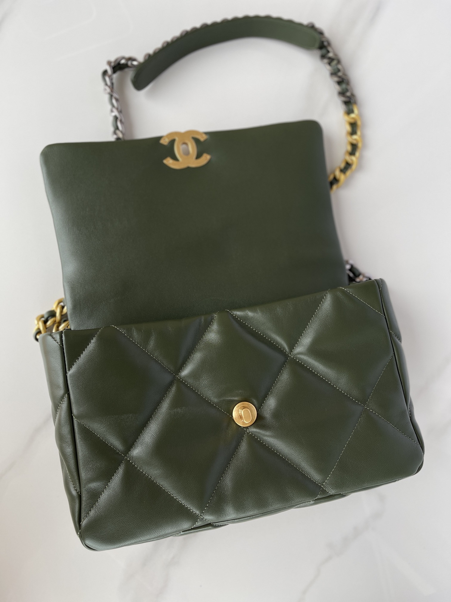 Ch*el 19 large handbag shiny leather, gold-tone, silver-tone & ruthenium-finish metal dark green 7.8 × 11.7 × 3.9 in