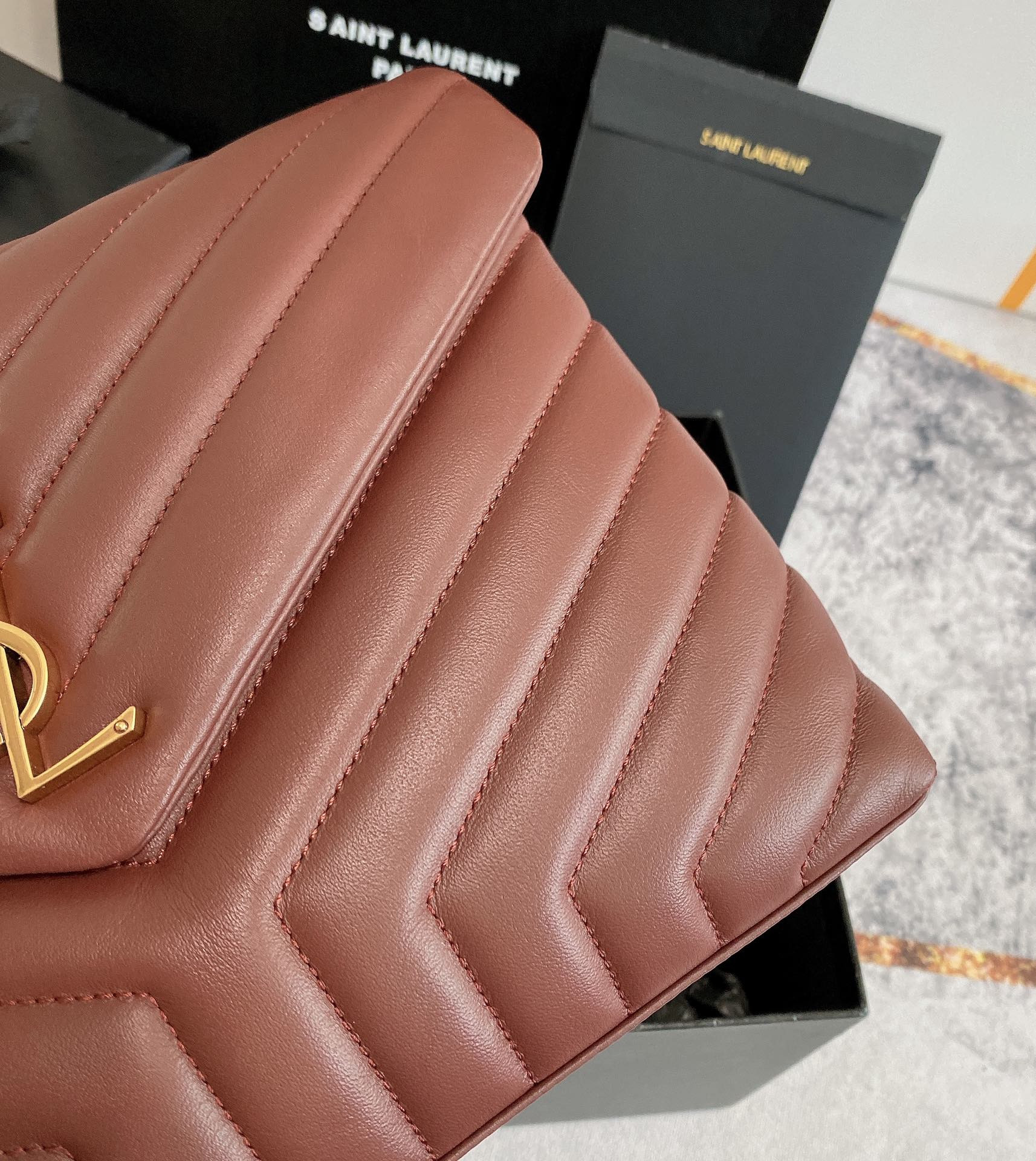 Y*L loulou medium in quilted leather light red 12.5 x 8.6 x 3.5 inches