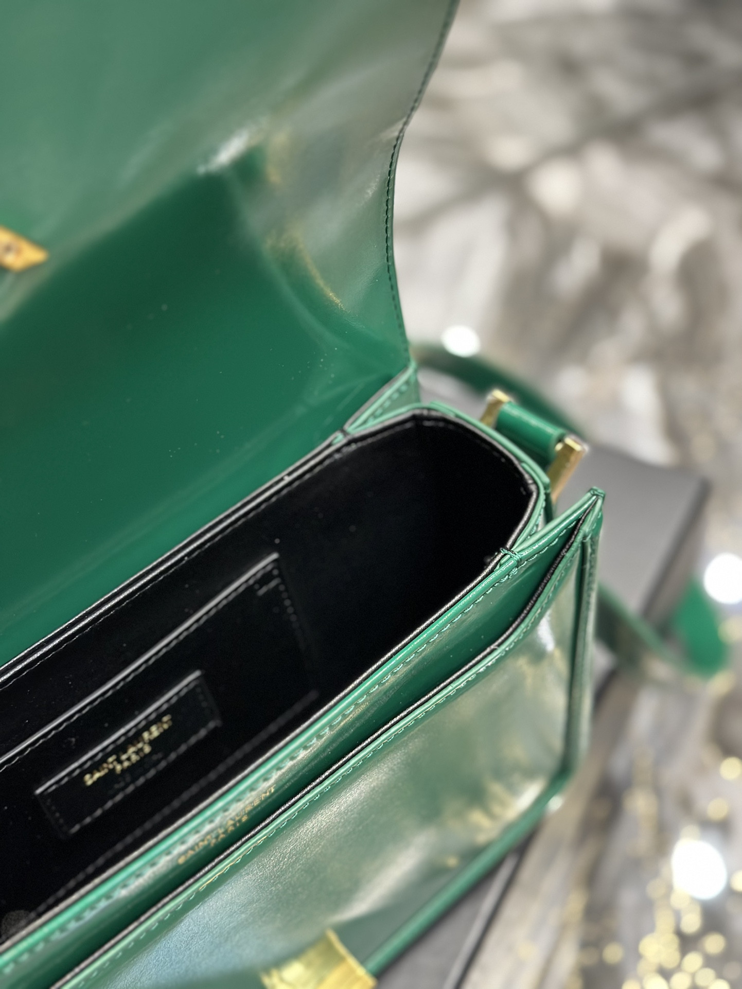 y*l solferino medium satchel in box Sa**t Lau*nt green 9.1 x 6.3 x 2.4 inches