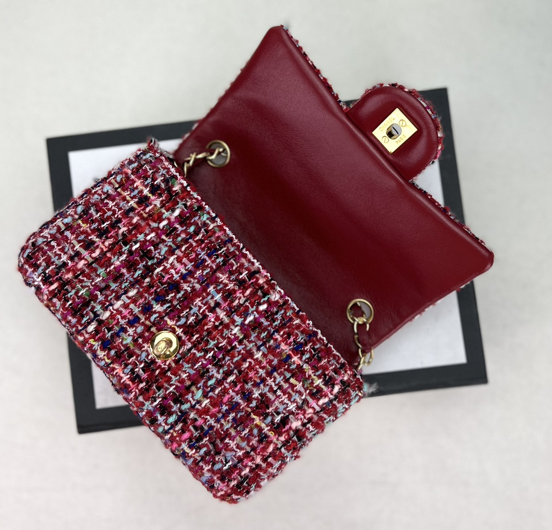 Ch*el mini classic 11.12 handbag tweed & gold-tone metal 4.7 × 7.8 × 2.3 in